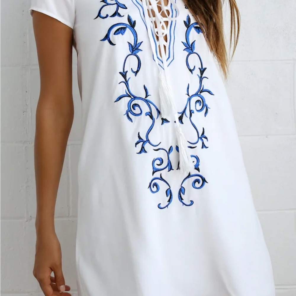 Lulus White and Blue Embroidered Dress.